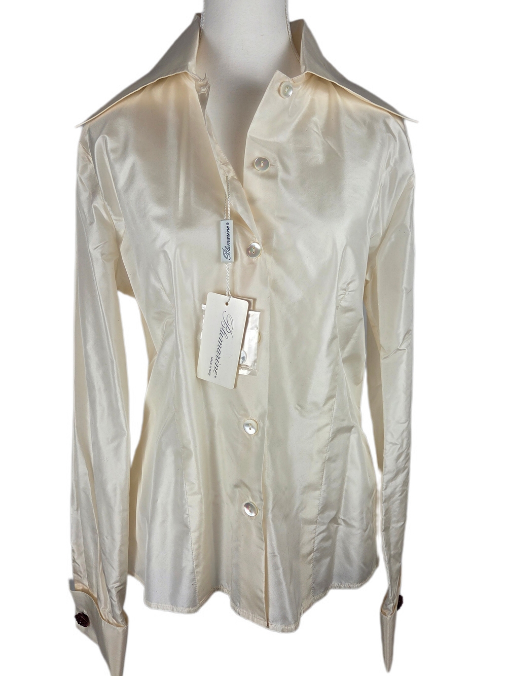 Vintage BLUMARINE Silk Satin Blouse Ivory Cream Pointed Collar Shirt Luxury